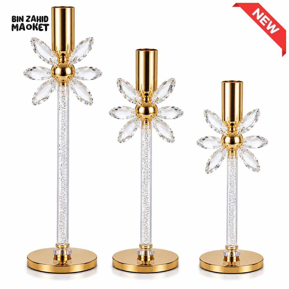 LUXURY CRYSTAL FLOWER TAPER CANDLE HOLDER SET - 3 PCS