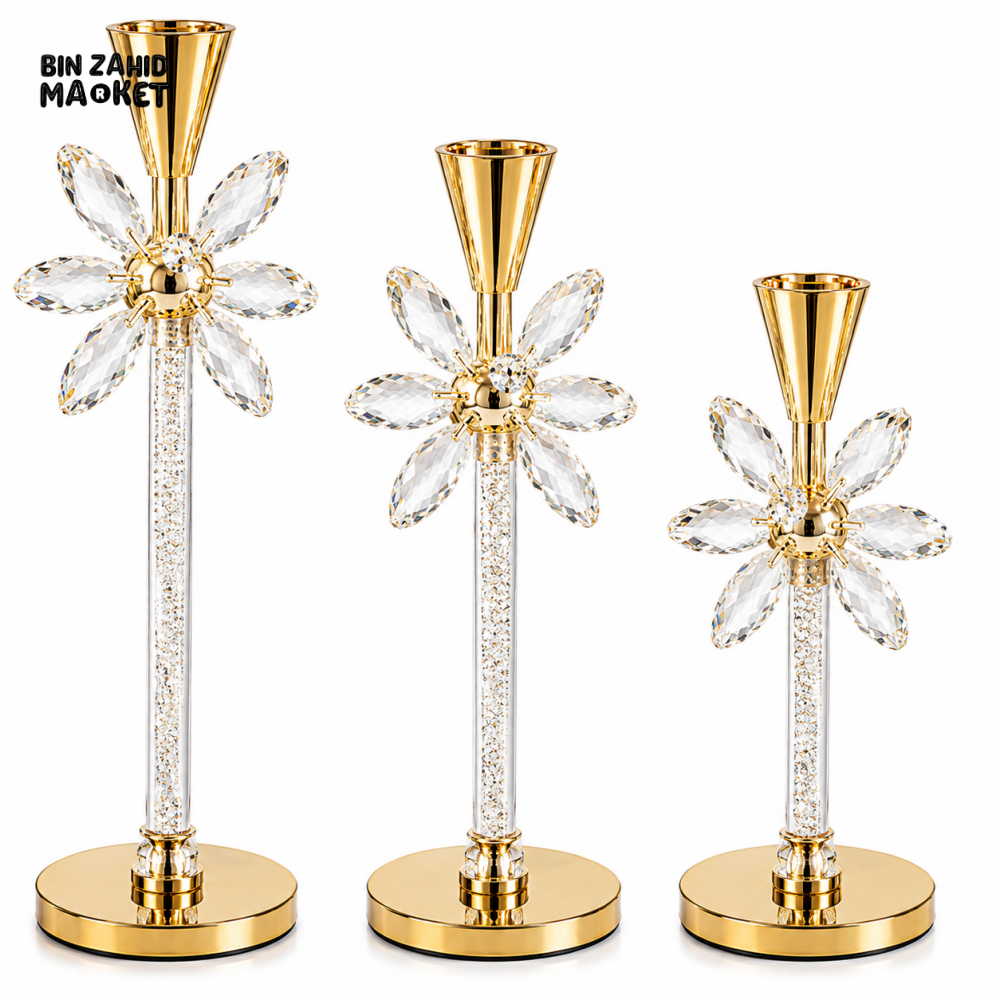 LUXURY CRYSTAL FLOWER TAPER CANDLE HOLDER SET - 3 PCS