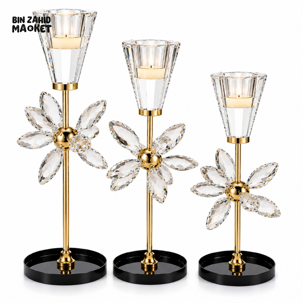 LUXURY CRYSTAL FLOWER TEALIGHT CANDLE HOLDER SET - 3 PCS