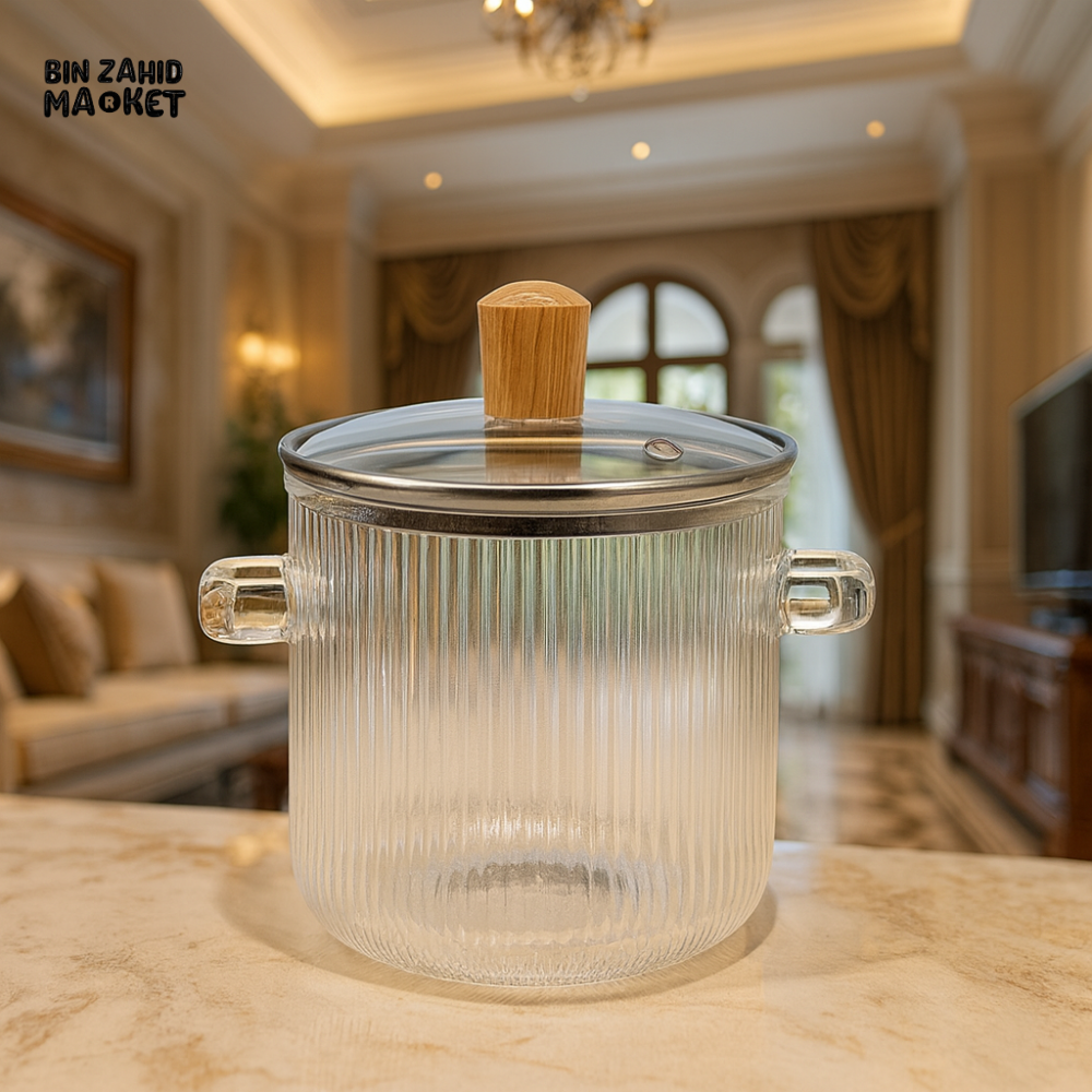 LUXURY CRYSTAL GLASS COOKING POT WITH WOODEN LID – ELEGANT VILLA KITCHEN TABLEWARE 13x15cm BG45122