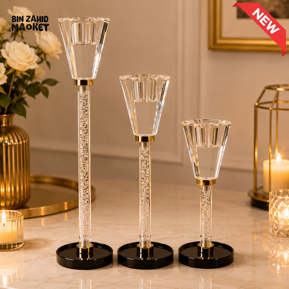 LUXURY CRYSTAL GLASS TAPER CANDLE HOLDER SET - 3 PCS