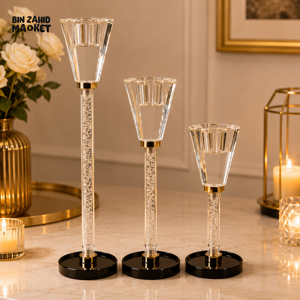 LUXURY CRYSTAL GLASS TAPER CANDLE HOLDER SET - 3 PCS