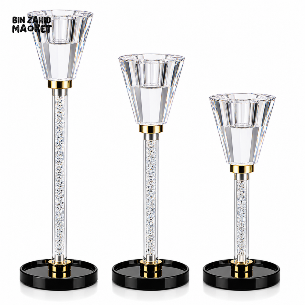 LUXURY CRYSTAL GLASS TAPER CANDLE HOLDER SET - 3 PCS