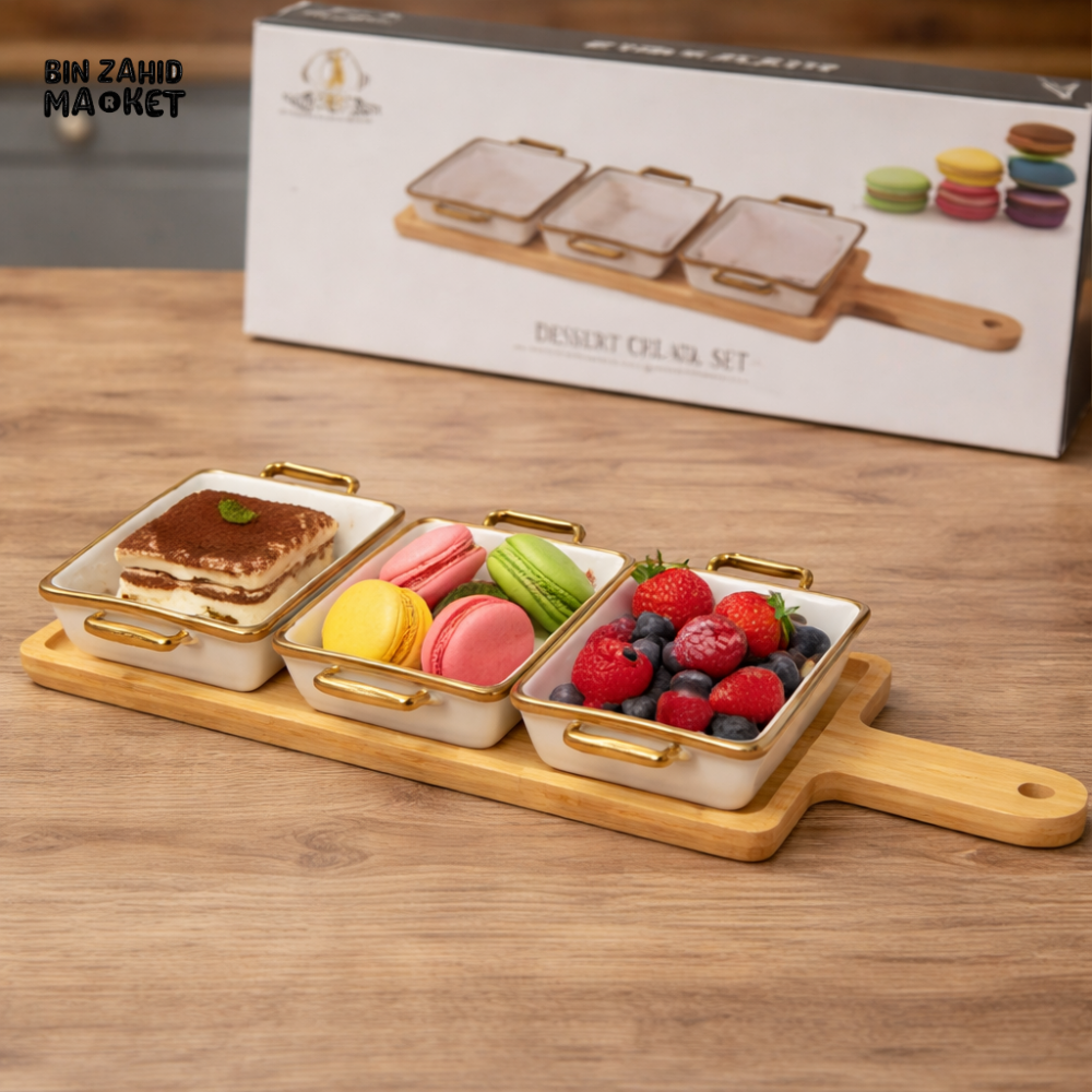 LUXURY DESSERT SERVING SET WITH WOODEN TRAY & CERAMIC BOWLS