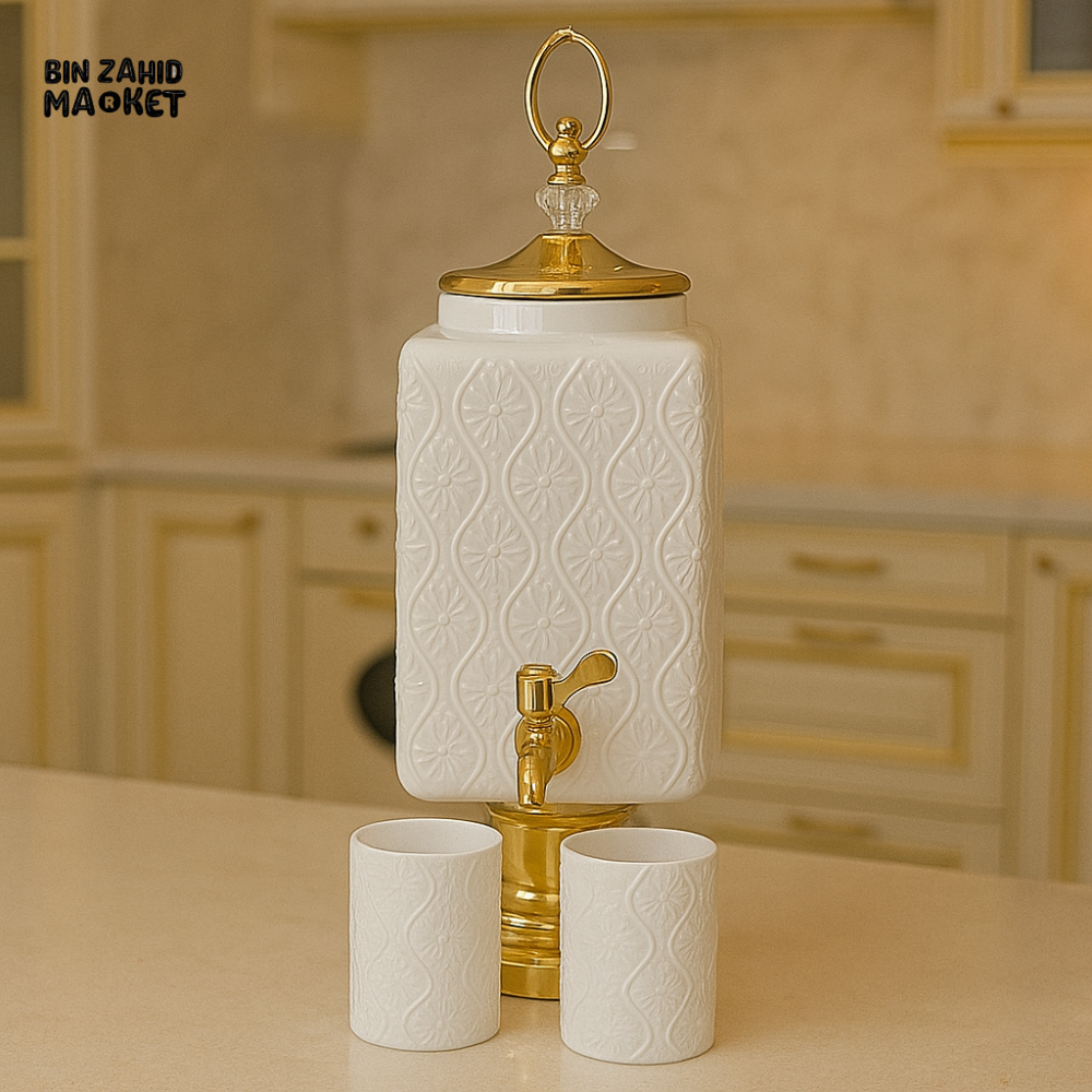 LUXURY EMBOSSED CERAMIC WATER DISPENSER WITH 6 CUPS – GOLDEN FAUCET | PREMIUM KITCHEN SERVER