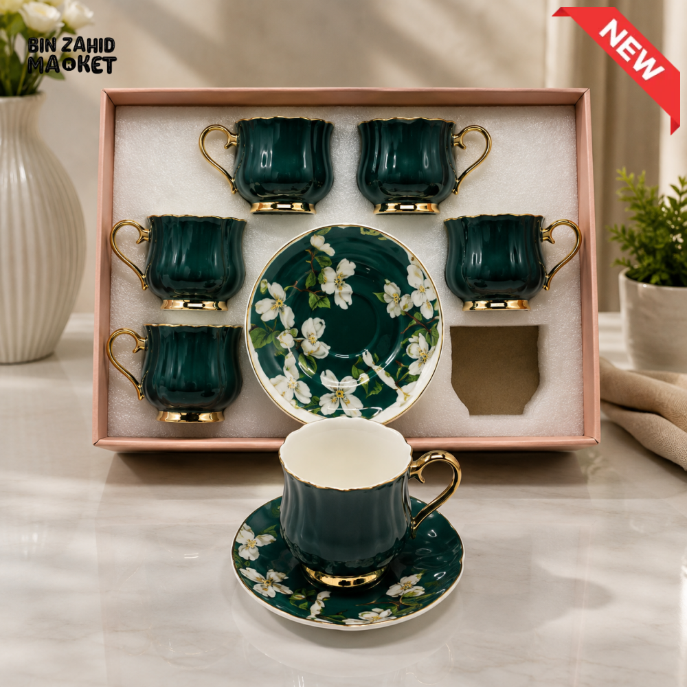 LUXURY EMERALD GREEN PORCELAIN TEA CUP AND SAUCER SET WITH GOLD TRIM