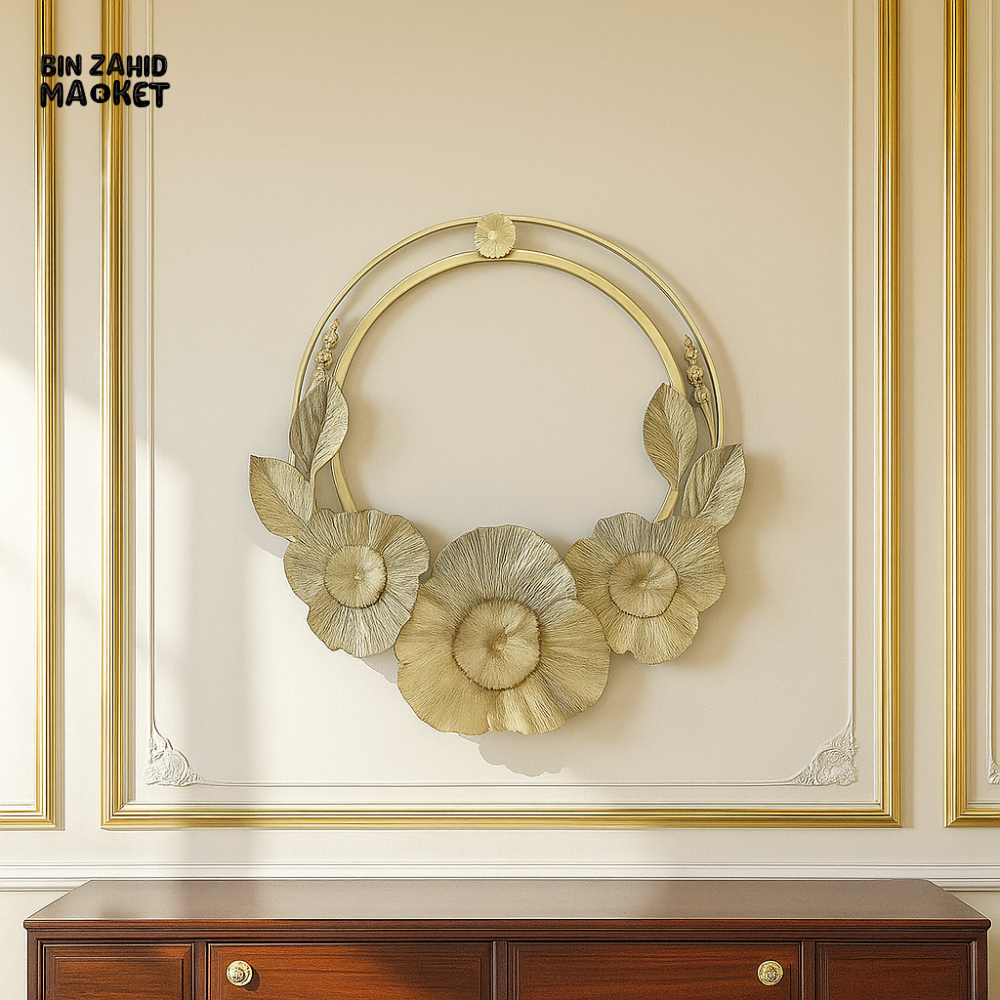 LUXURY FLORAL CIRCLE WALL ART – GOLD METAL BLOOM DESIGN (82.6×85.7×5.7CM) FOR VILLA INTERIORS