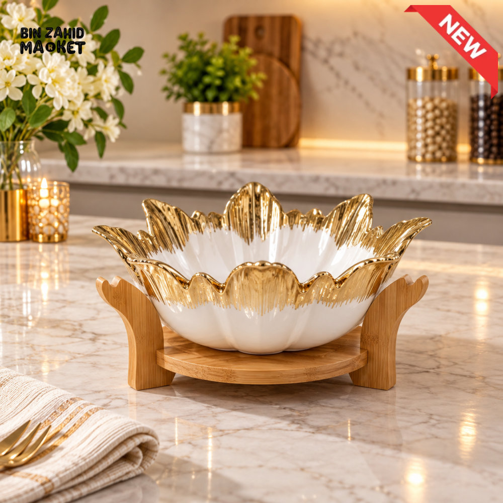 LUXURY FLORAL GOLD RIM CERAMIC SERVING BOWL WITH BAMBOO STAND