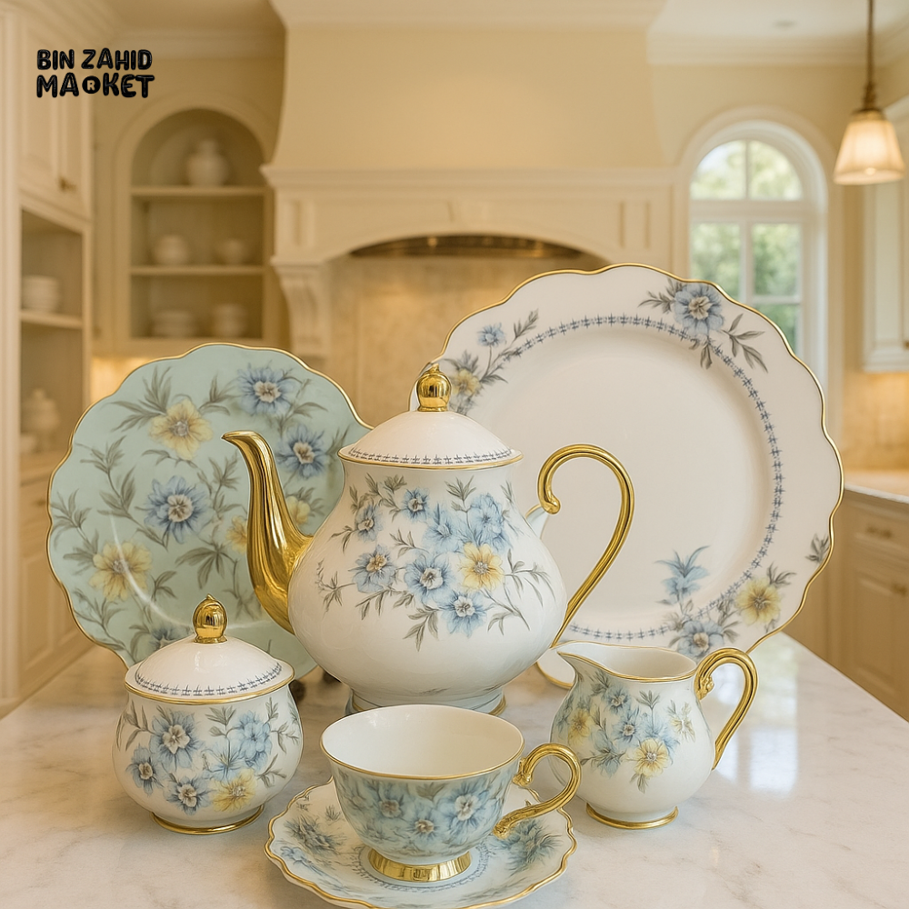 LUXURY FLORAL PORCELAIN TEA SET – 24 PIECE VINTAGE STYLE WITH GOLD TRIM FOR VILLA KITCHEN DISPLAY