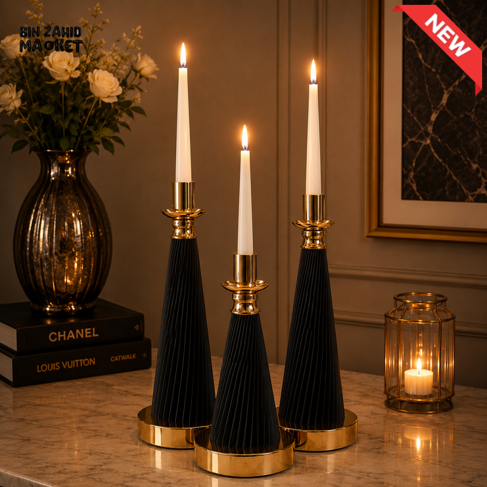 LUXURY FLUTED CANDLE HOLDER SET - 3 PIECES SET - Black
