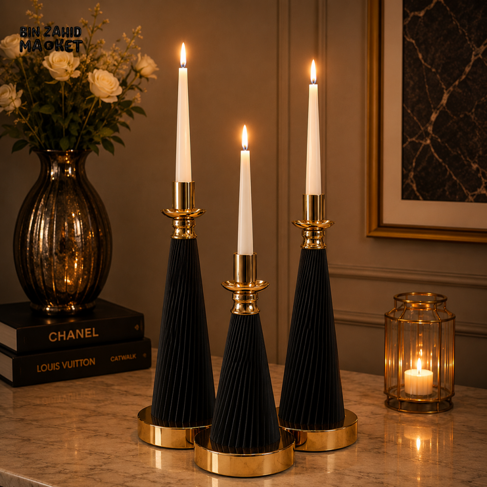 LUXURY FLUTED CANDLE HOLDER SET - 3 PIECES SET - Black
