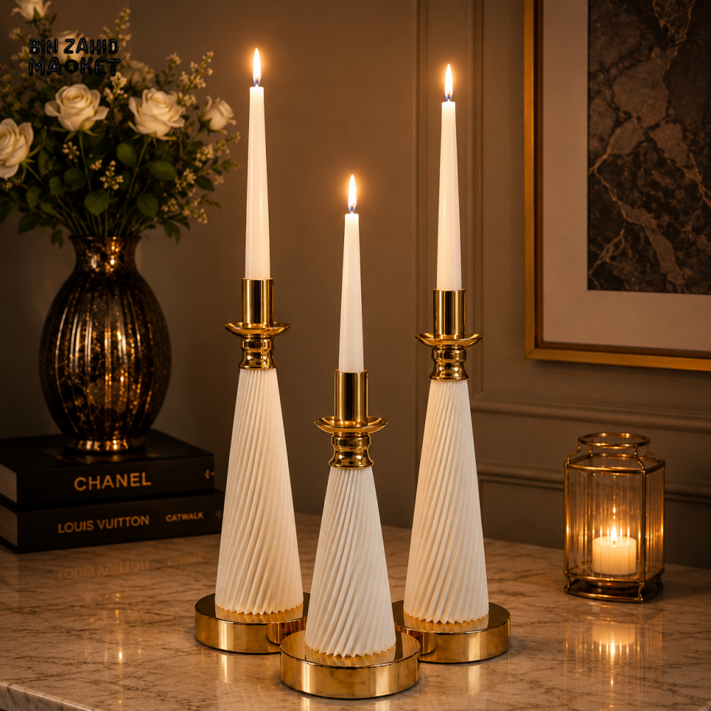 LUXURY FLUTED CANDLE HOLDER SET - 3 PIECES SET - White