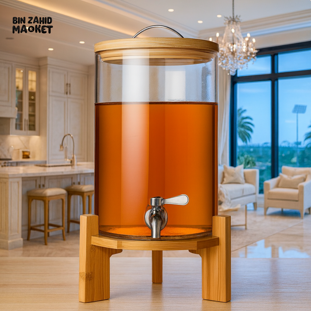 LUXURY GLASS BEVERAGE DISPENSER WITH WOODEN STAND 10LITRE BG45021