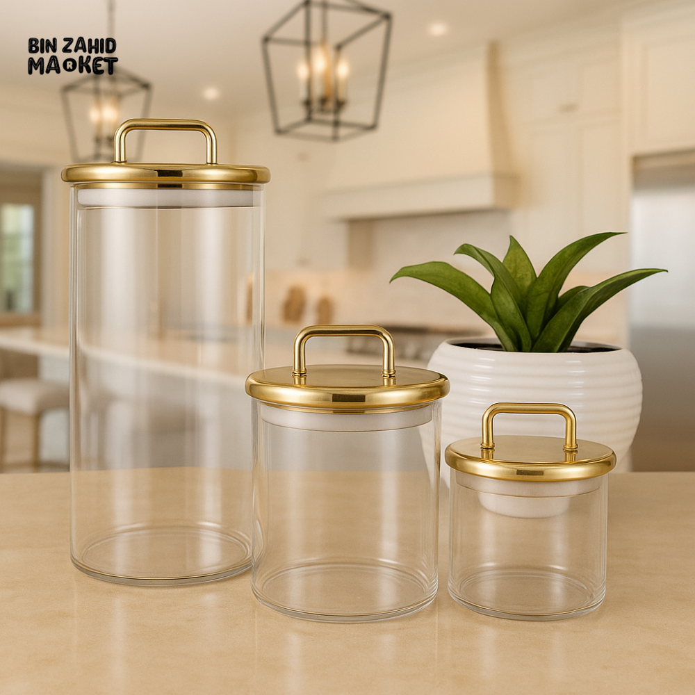 LUXURY GLASS JAR SET WITH GOLD LIDS – ELEGANT KITCHEN STORAGE CONTAINERS FOR DRY FOOD, TEA & SNACKS