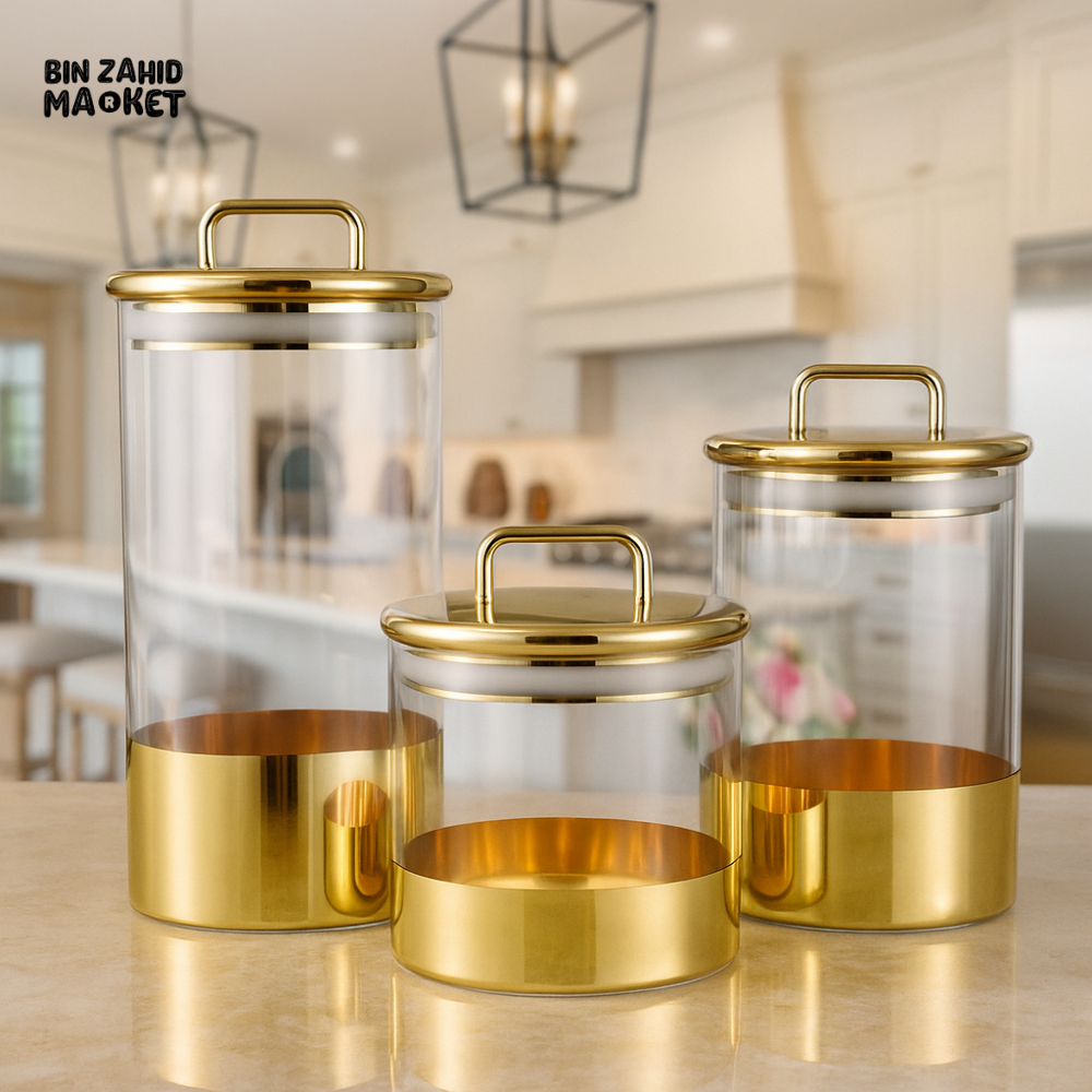LUXURY GLASS STORAGE JAR SET WITH GOLDEN LID – AIRTIGHT CANISTER CONTAINERS FOR KITCHEN ORGANIZATION & DRY FOOD STORAGE
