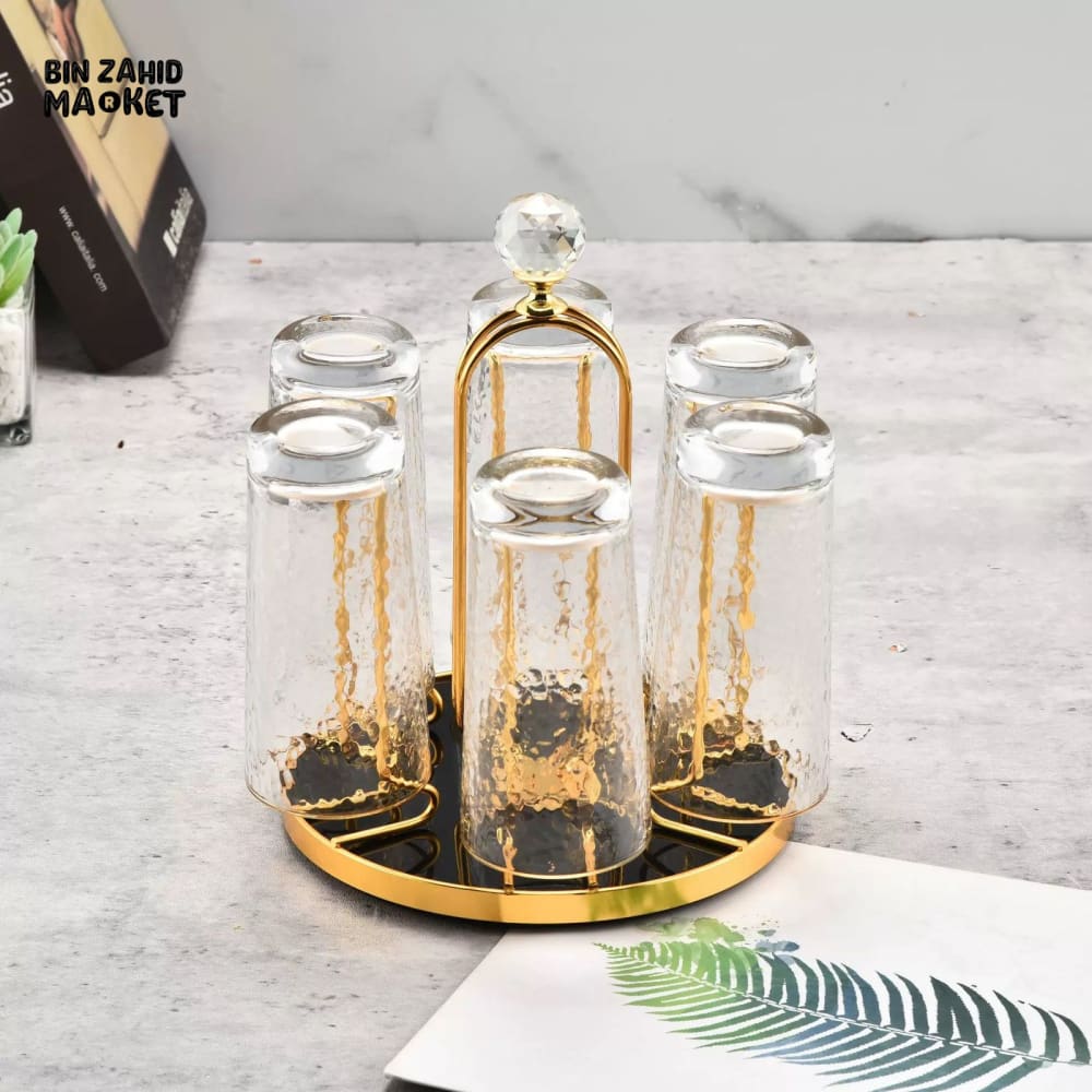 LUXURY GLASS TUMBLER SET WITH STAND MODERN KITCHEN ELEGANCE - GOLDEN