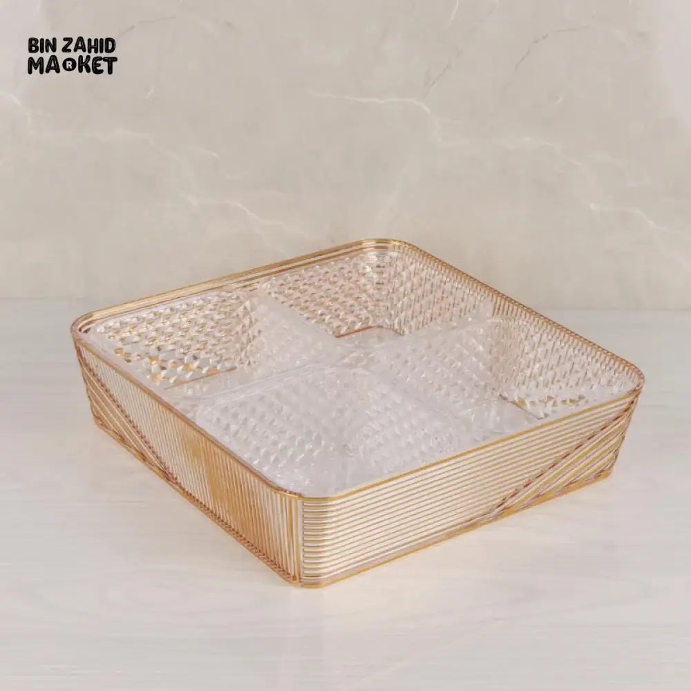 LUXURY GOLD-ACCENTED ACRYLIC TRAY 4-COMPARTMENT SQUARE DESIGN WITH LARGE CLEAR LID