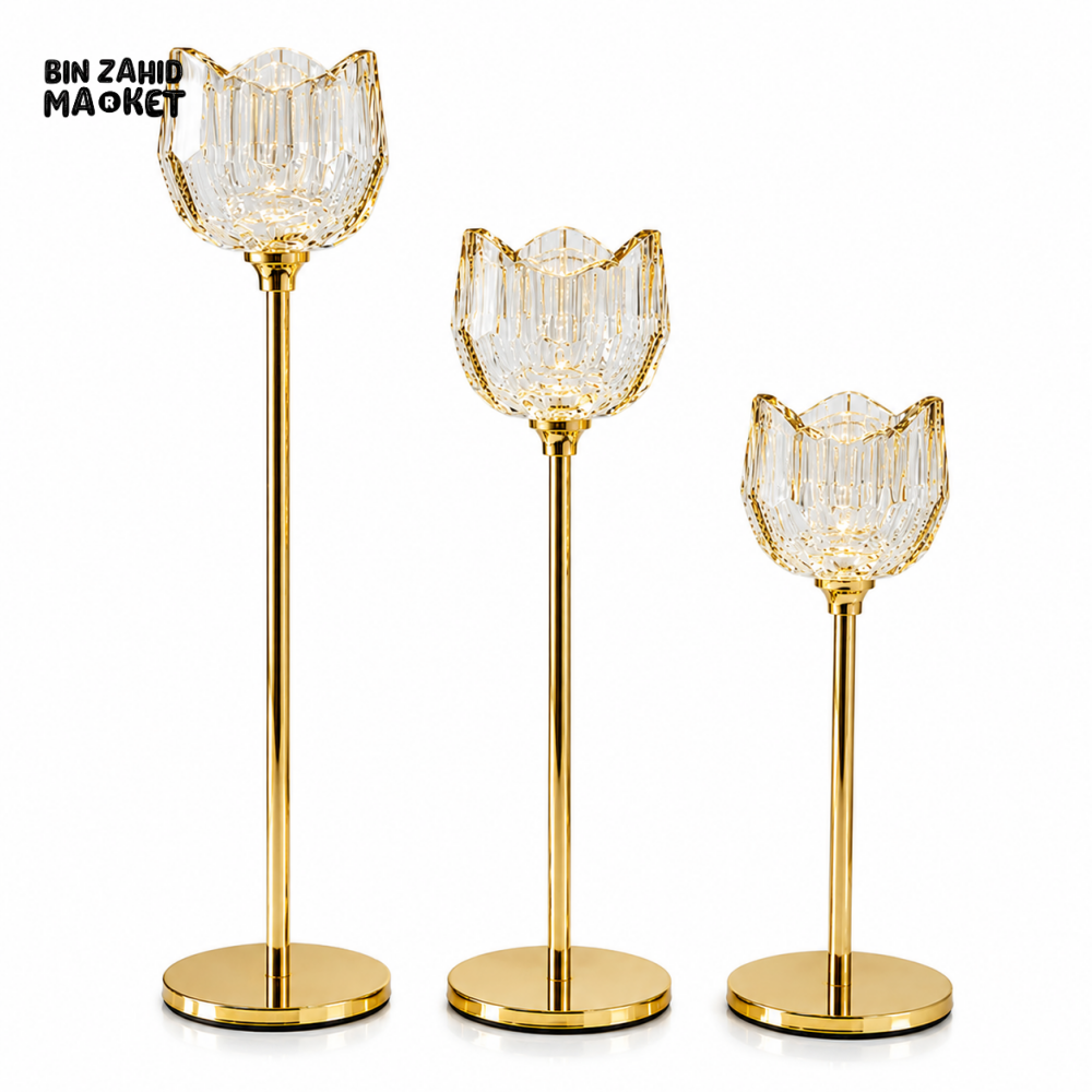 LUXURY GOLD CRYSTAL CANDLE HOLDER SET - 3 PIECES