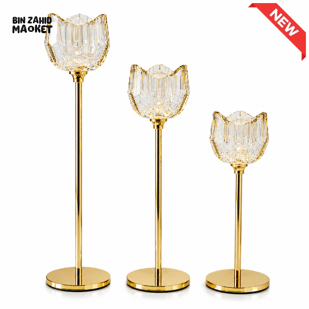 LUXURY GOLD CRYSTAL CANDLE HOLDER SET - 3 PIECES