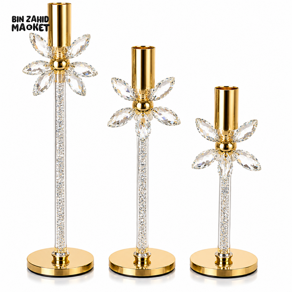 LUXURY GOLD CRYSTAL FLOWER CANDLE HOLDER SET - 3 PCS