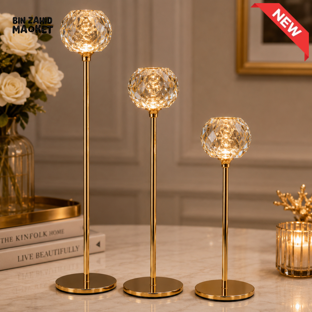 LUXURY GOLD CRYSTAL TEALIGHT CANDLE HOLDER SET - 3 PCS