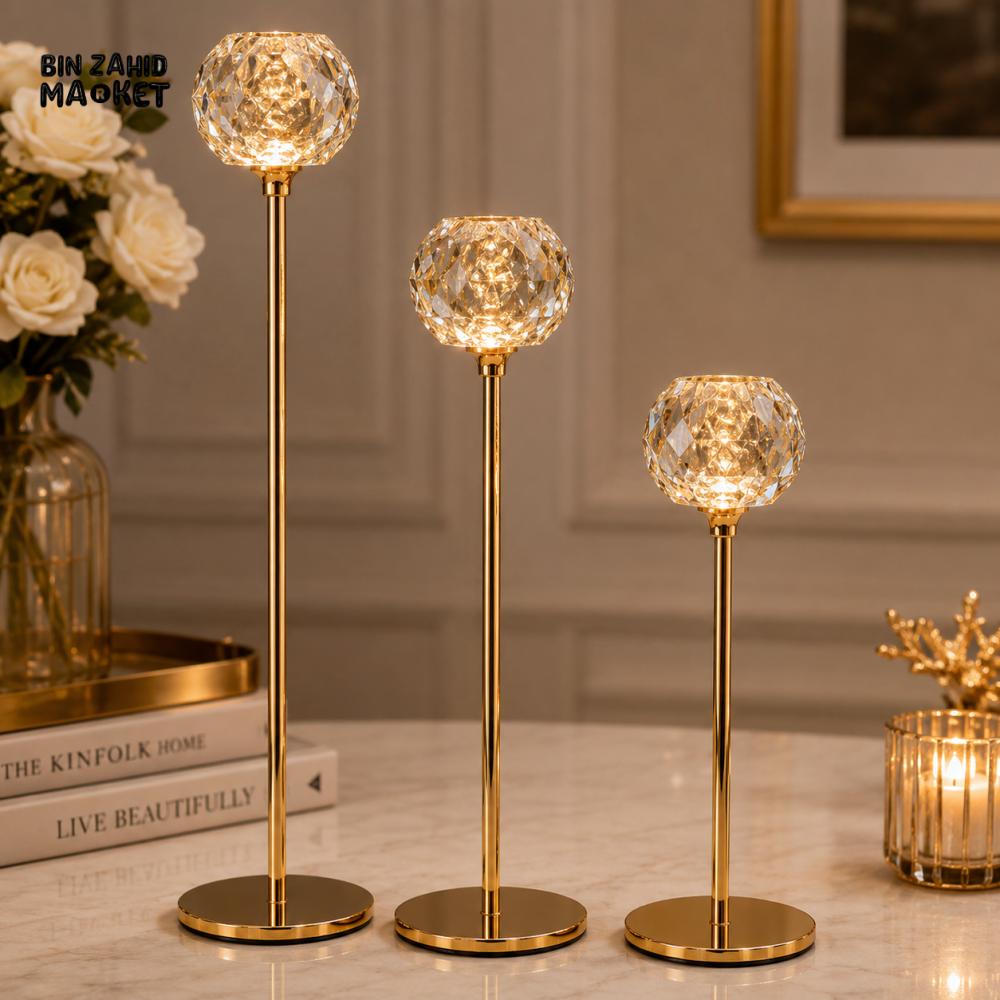LUXURY GOLD CRYSTAL TEALIGHT CANDLE HOLDER SET - 3 PCS