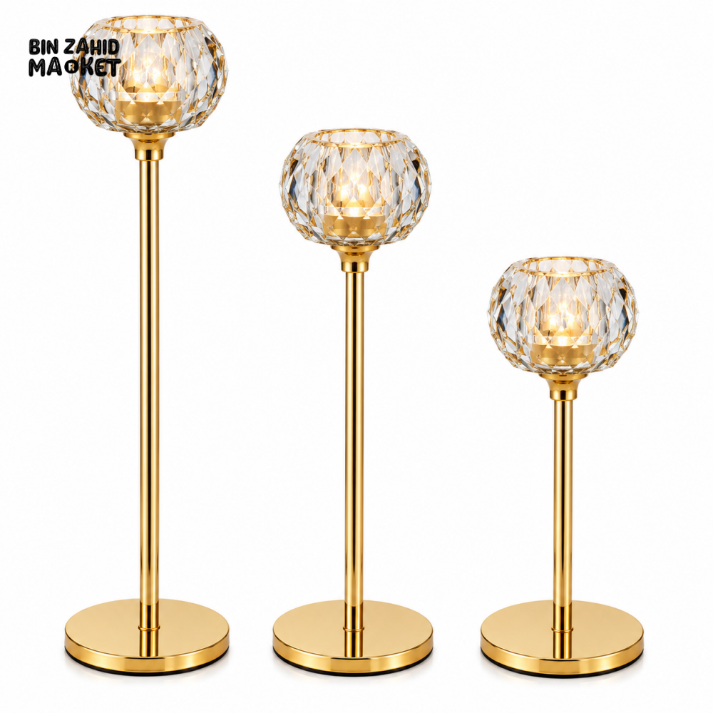 LUXURY GOLD CRYSTAL TEALIGHT CANDLE HOLDER SET - 3 PCS