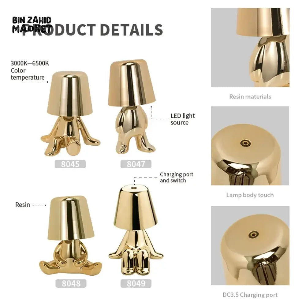 LUXURY GOLD HUMANOID LED TABLE LAMP SET – NORDIC MODERN OFFICE & HOME DECOR TOUCH DIMMING USB RECHARGEABLE NIGHT LIGHT