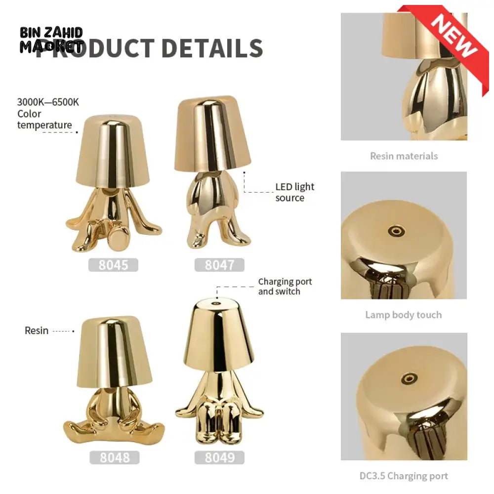 LUXURY GOLD HUMANOID LED TABLE LAMP SET – NORDIC MODERN OFFICE & HOME DECOR TOUCH DIMMING USB RECHARGEABLE NIGHT LIGHT