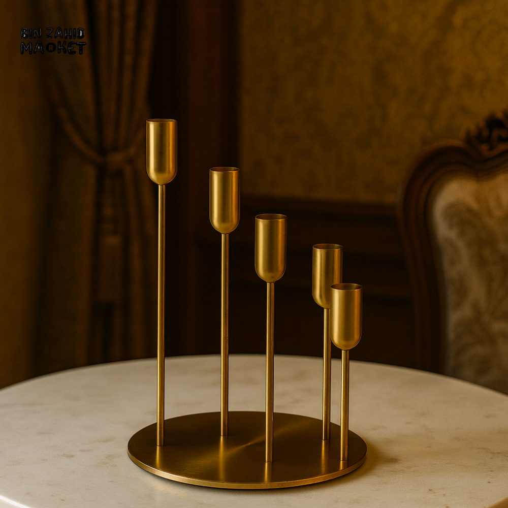 LUXURY GOLD METAL CANDLE HOLDER – 5-ARM TAPER CENTERPIECE SMALL