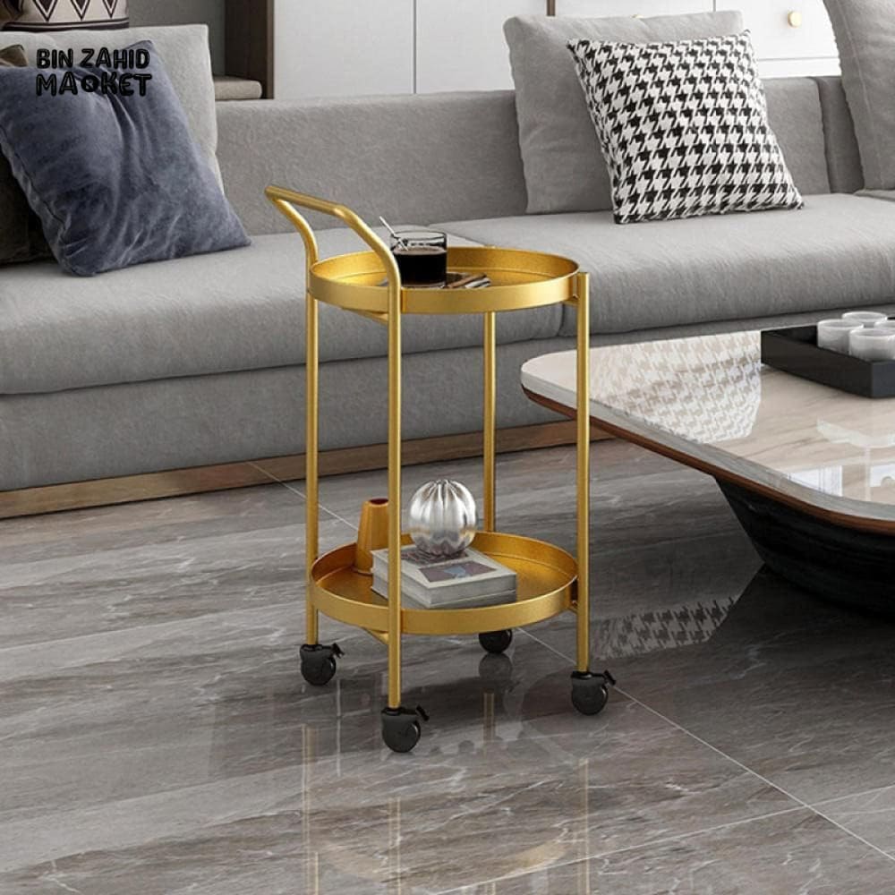 LUXURY GOLD METAL SERVING CART – MODERN ROUND BAR TROLLEY WITH WHEELS FOR LIVING ROOM & SALON