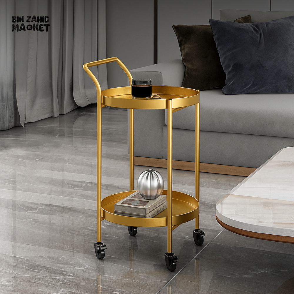LUXURY GOLD METAL SERVING CART – MODERN ROUND BAR TROLLEY WITH WHEELS FOR LIVING ROOM & SALON