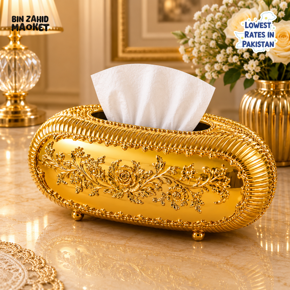 LUXURY GOLD OVAL TISSUE BOX HOLDER - GOLDEN