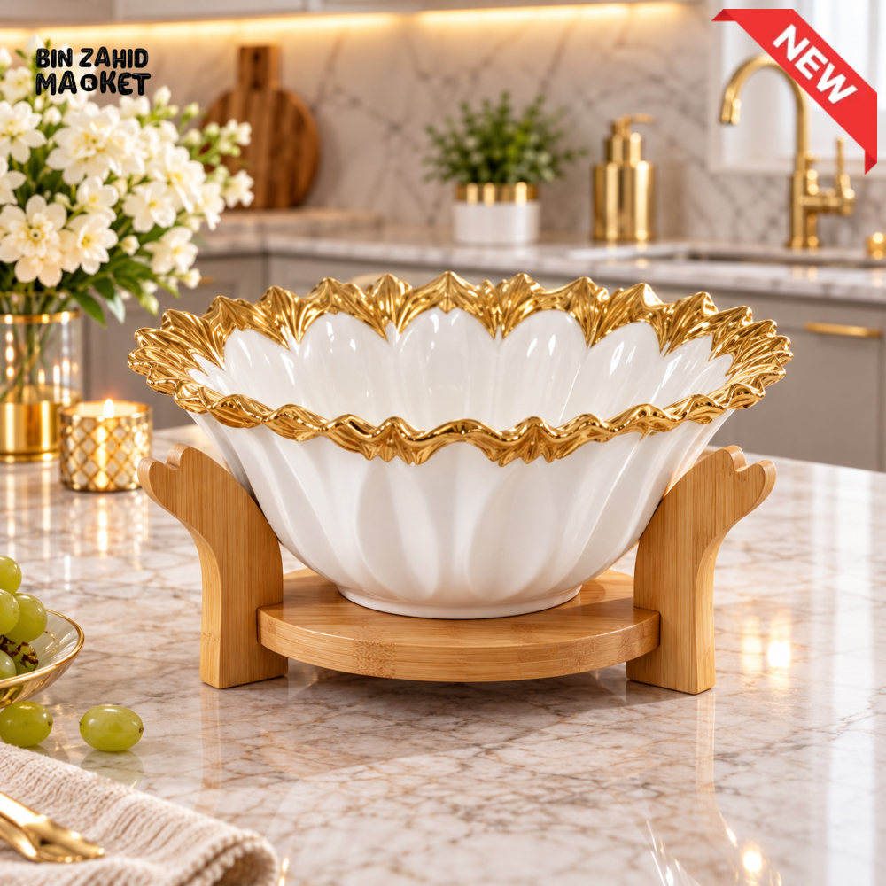 LUXURY GOLD RIM CERAMIC SERVING BOWL WITH BAMBOO STAND