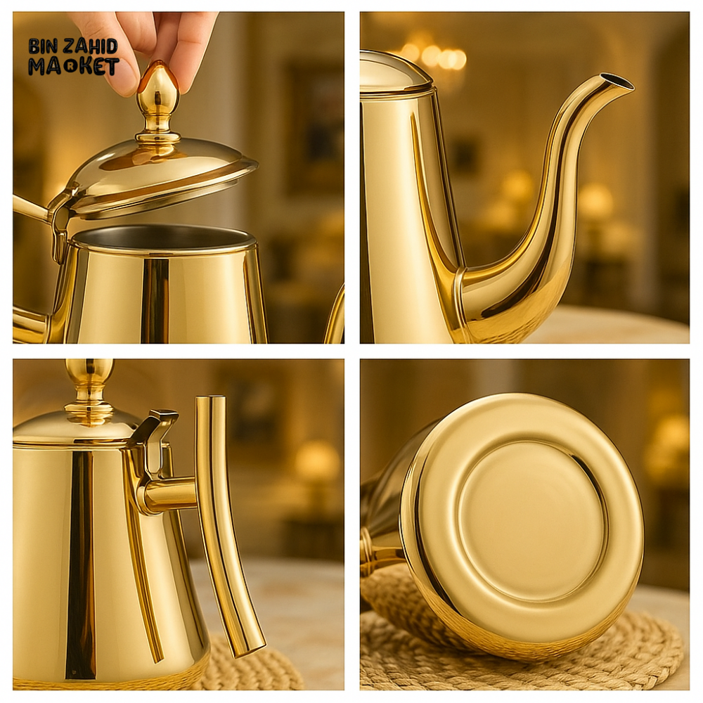 LUXURY GOLD STAINLESS STEEL COFFEE & TEA POT – ELEGANT LONG SPOUT KETTLE WITH CURVED HANDLE 2.0 LITRE