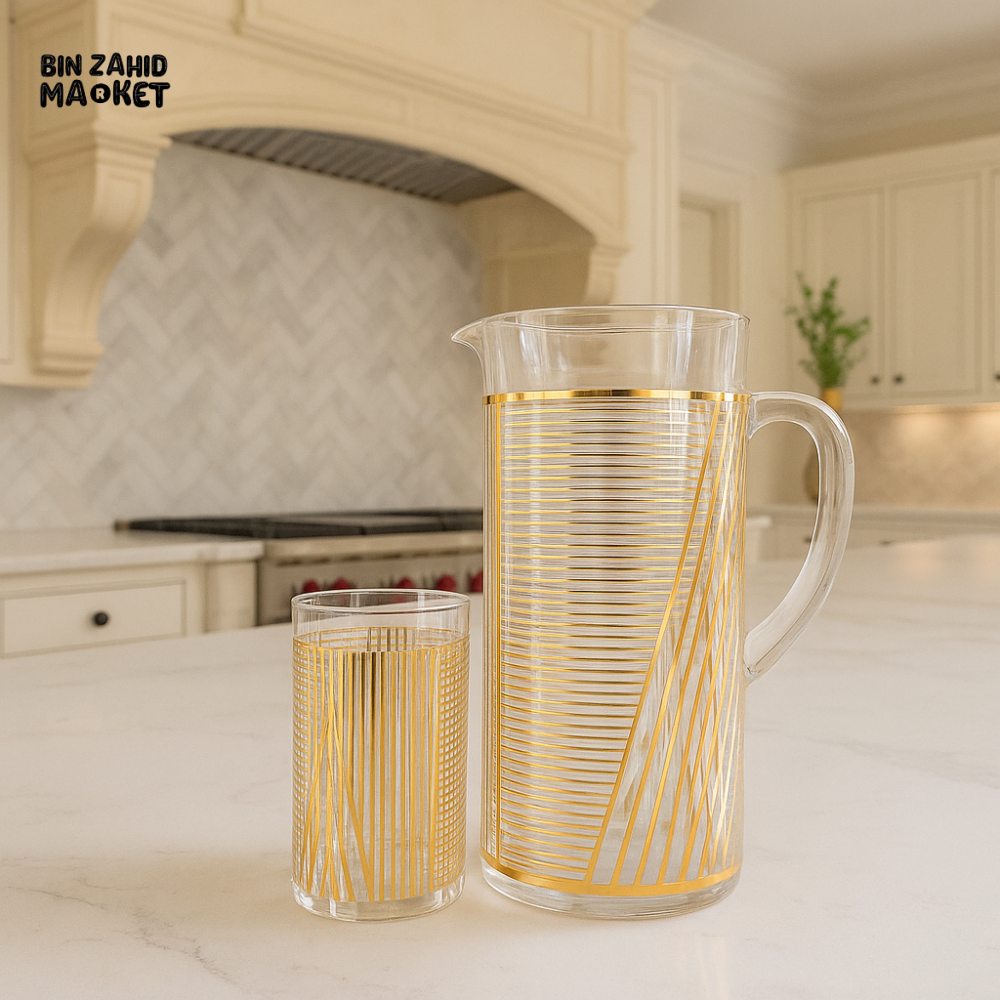 LUXURY GOLD STRIPED GLASS JUG & TUMBLER SET – ELEGANT DESIGN FOR MODERN KITCHENS