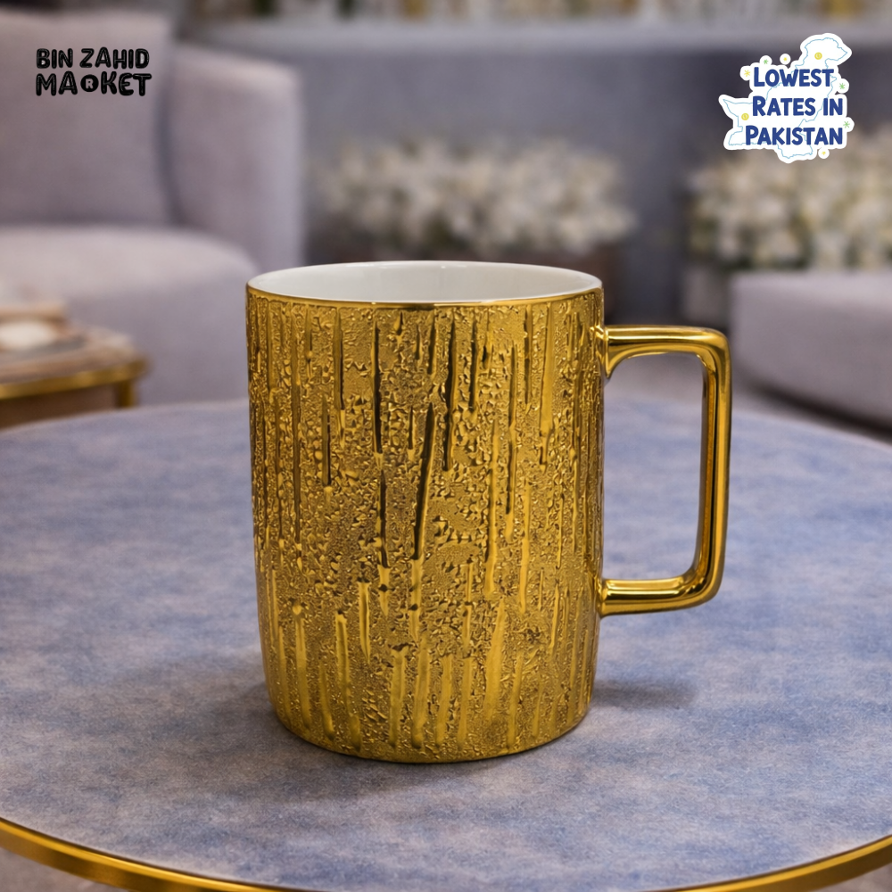 LUXURY GOLD TEXTURED CERAMIC COFFEE MUG WITH METALLIC HANDLE | ELEGANT TABLEWARE