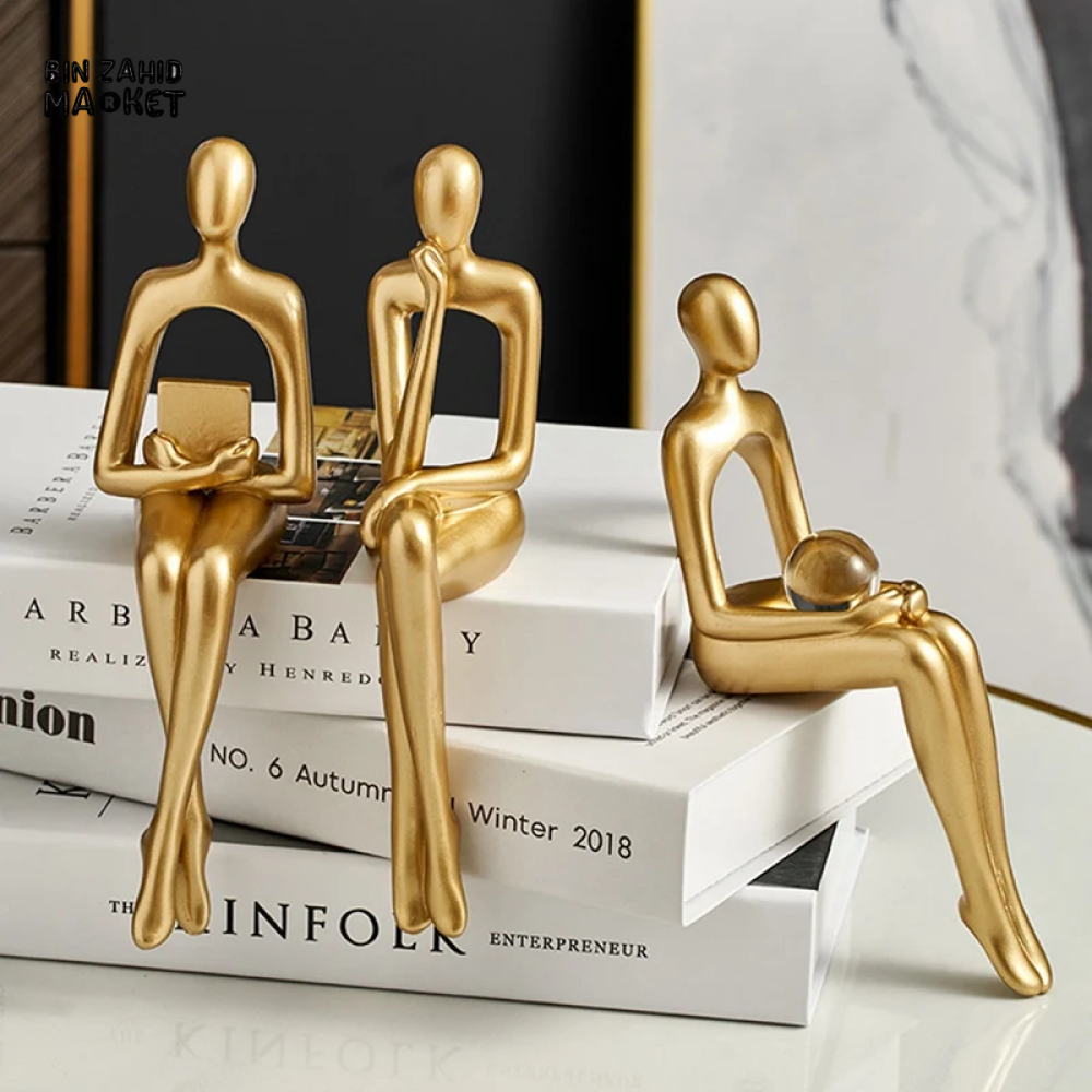 LUXURY GOLD THINKER STATUE – 3-PIECE ABSTRACT RESIN SCULPTURE SET FOR HOME & OFFICE DECOR