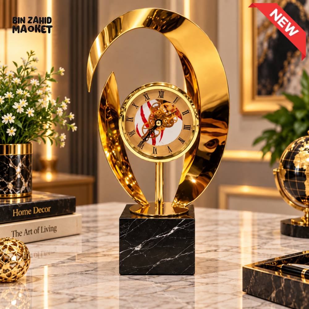LUXURY GOLDEN ABSTRACT SKELETON TABLE CLOCK WITH BLACK MARBLE BASE