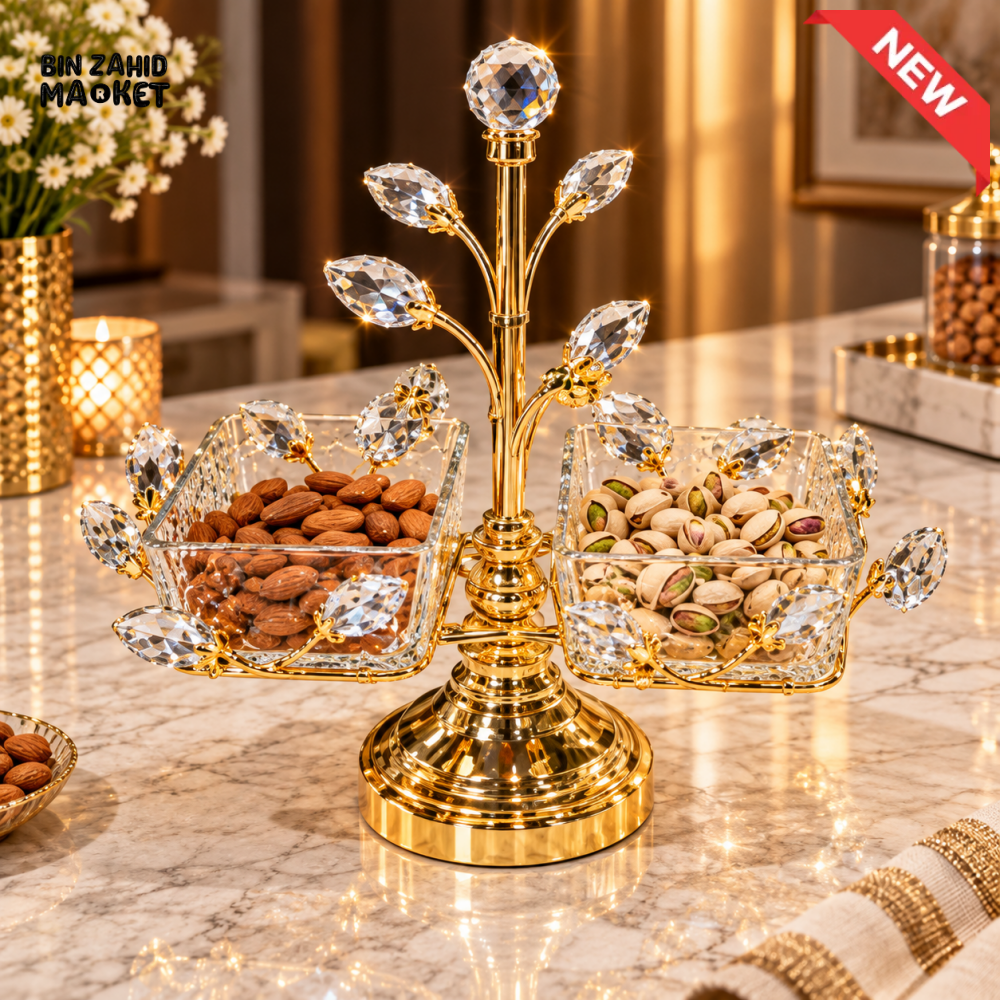 LUXURY GOLDEN CRYSTAL LEAF 2-BOWL DRY FRUIT & NUT SERVING STAND