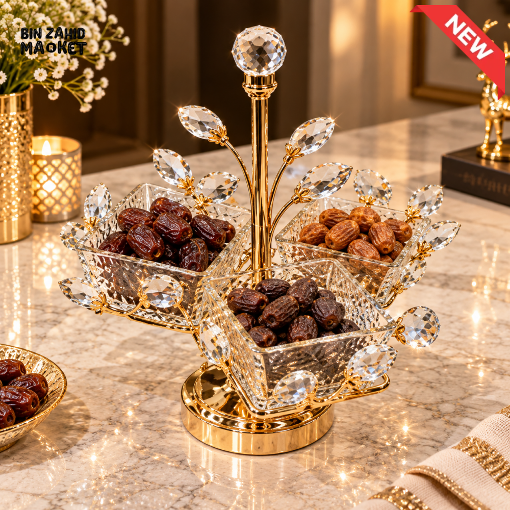 LUXURY GOLDEN CRYSTAL LEAF 3-BOWL DATES & DRY FRUIT SERVING STAND