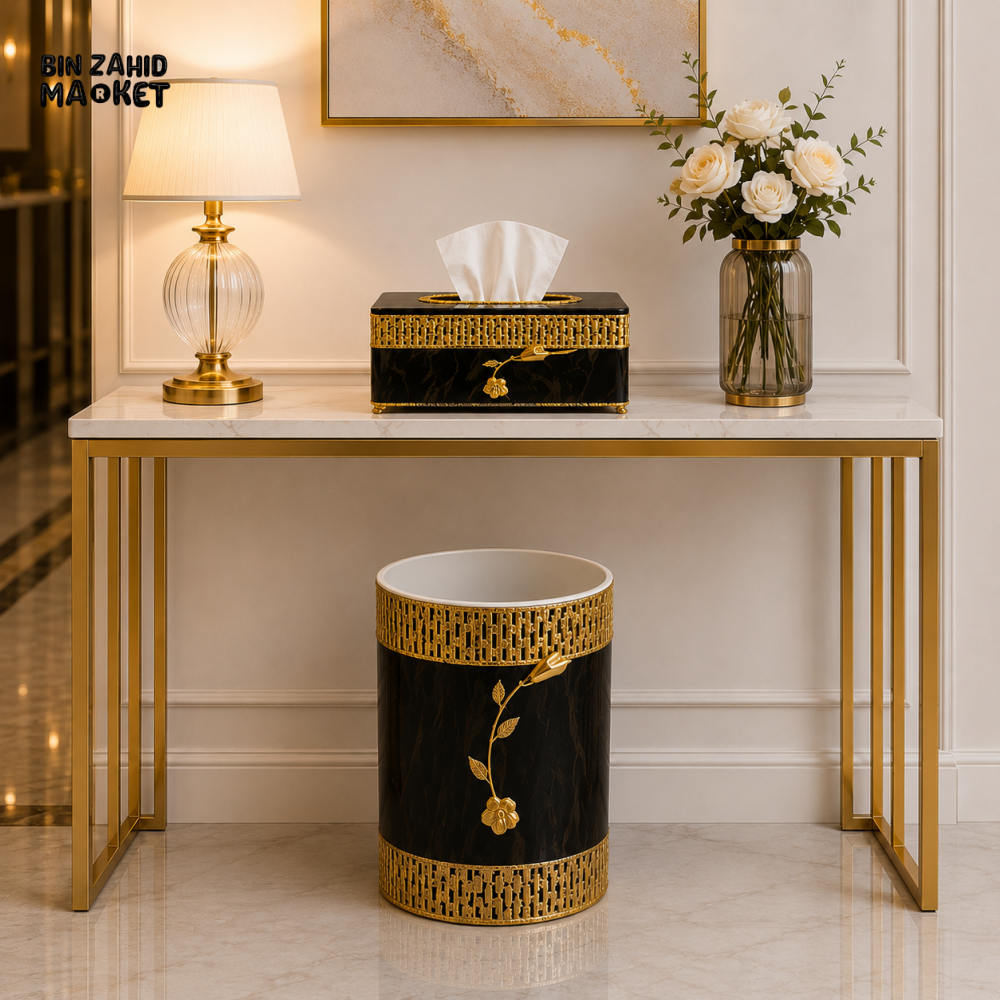 LUXURY GOLDEN DECORATIVE TISSUE BOX & DUSTBIN SET - BLACK & GOLDEN
