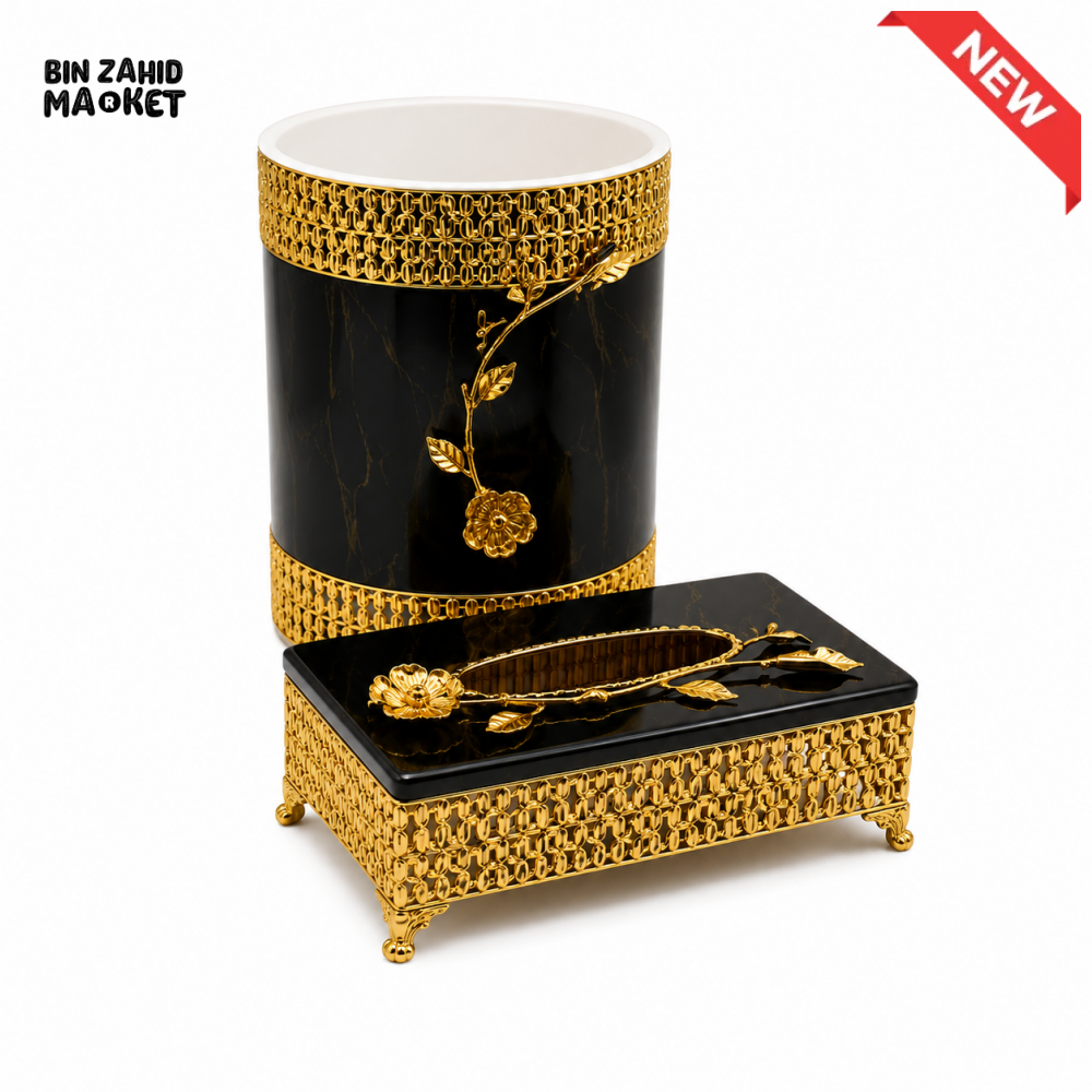 LUXURY GOLDEN DECORATIVE TISSUE BOX & DUSTBIN SET - BLACK & GOLDEN