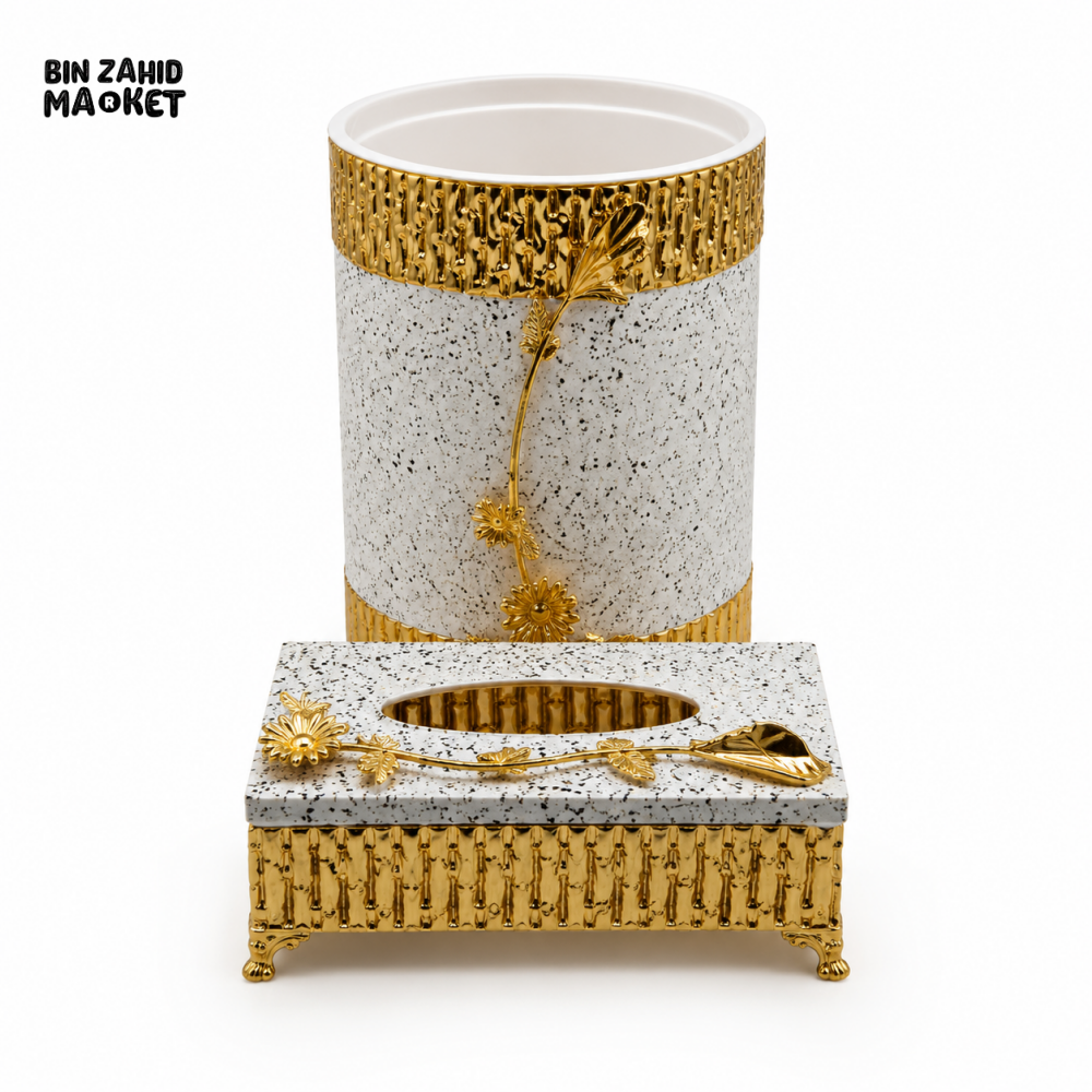 LUXURY GOLDEN DECORATIVE TISSUE BOX & DUSTBIN SET - WHITE & GOLDEN