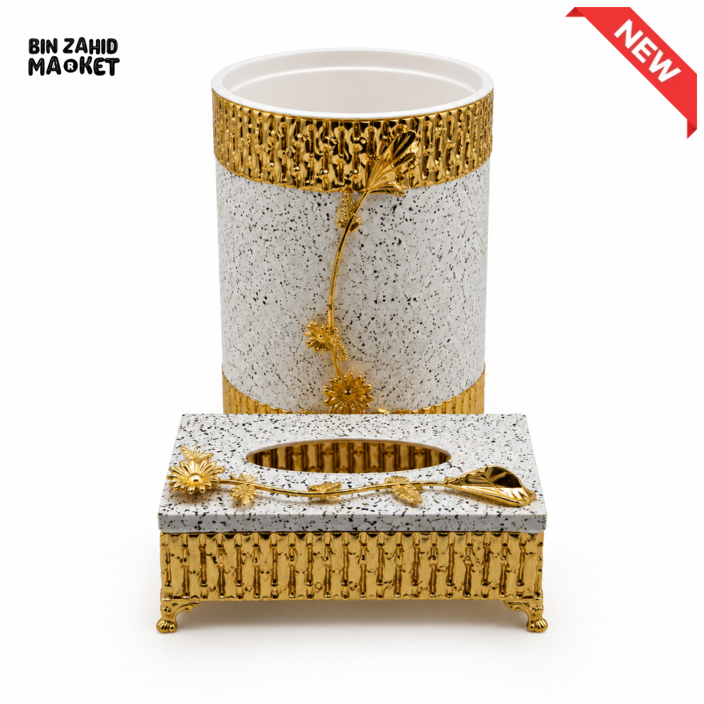 LUXURY GOLDEN DECORATIVE TISSUE BOX & DUSTBIN SET - WHITE & GOLDEN