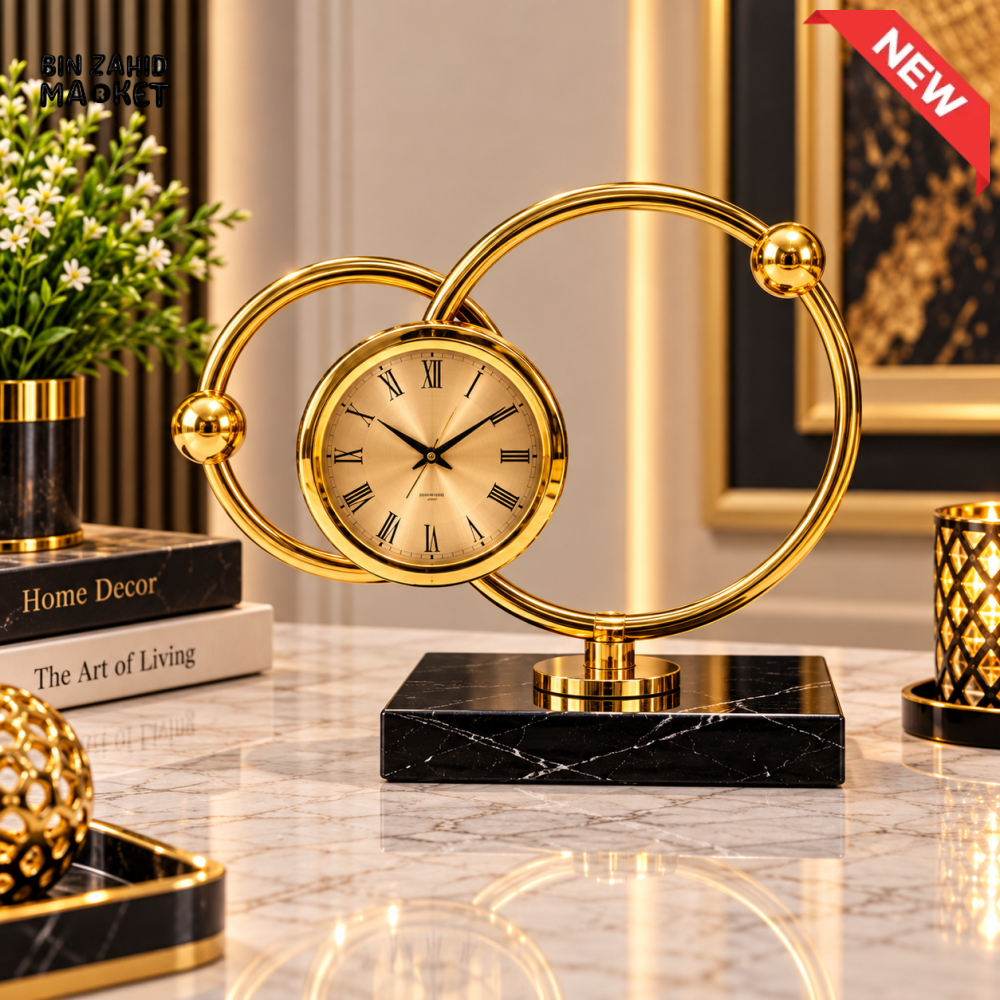 LUXURY GOLDEN DOUBLE RING TABLE CLOCK WITH BLACK MARBLE BASE
