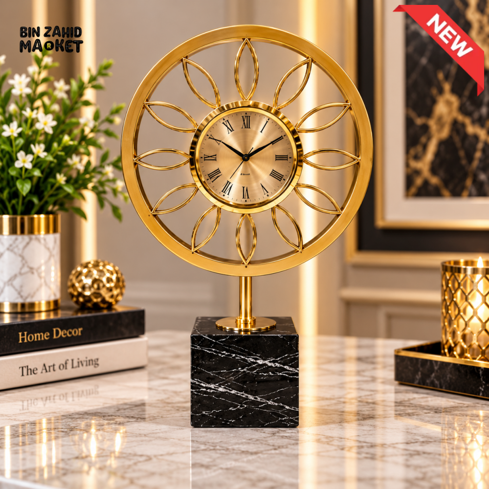 LUXURY GOLDEN FLORAL TABLE CLOCK WITH BLACK MARBLE BASE