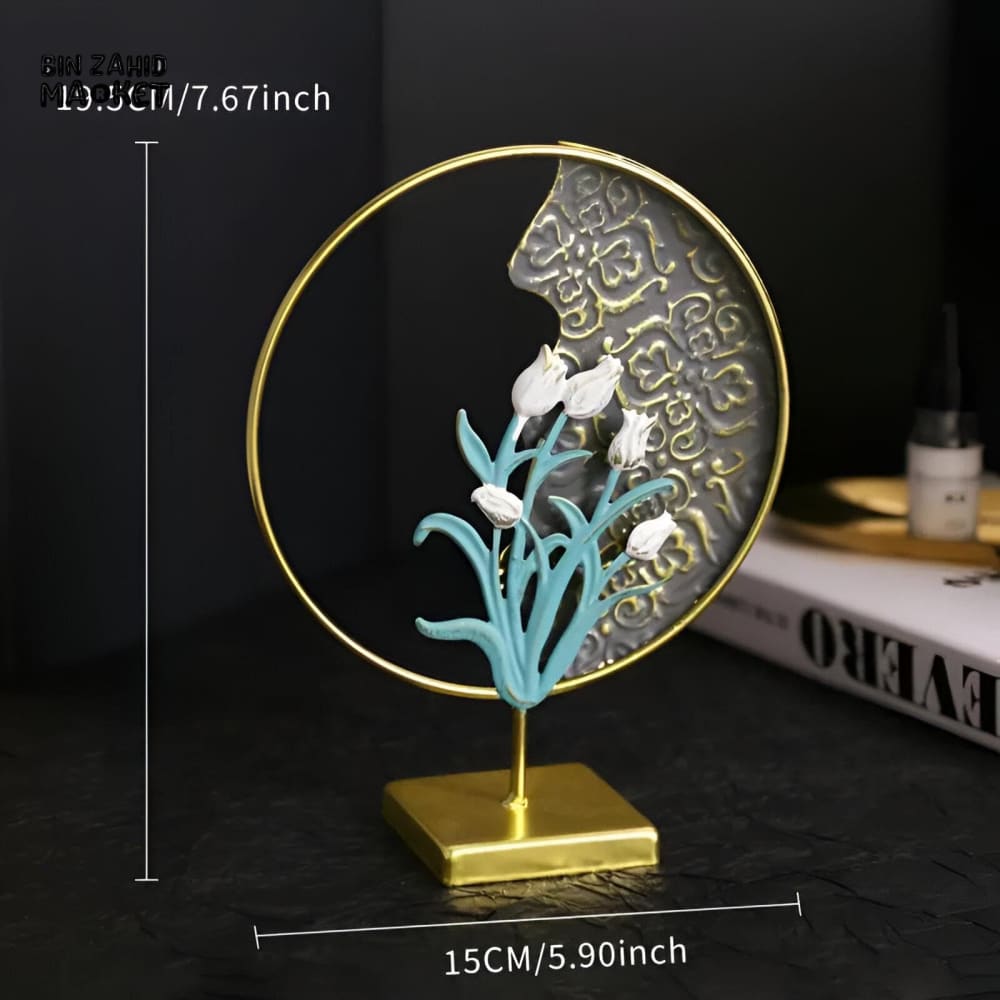 LUXURY GOLDEN FLOWER CIRCLE TABLETOP DECOR – MODERN ABSTRACT METAL HOME ORNAMENT