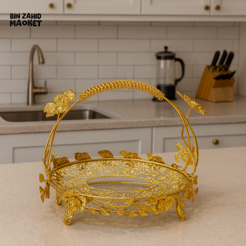 LUXURY GOLDEN FRUIT BASKET – DECORATIVE SERVING TRAY WITH HANDLE FOR KITCHEN & DINING COUNTER