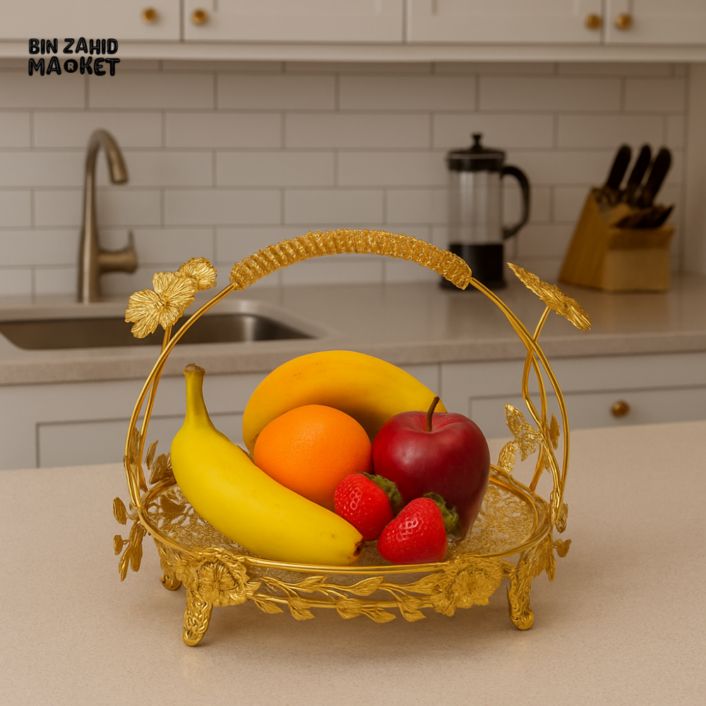 LUXURY GOLDEN FRUIT BASKET – DECORATIVE SERVING TRAY WITH HANDLE FOR KITCHEN & DINING COUNTER